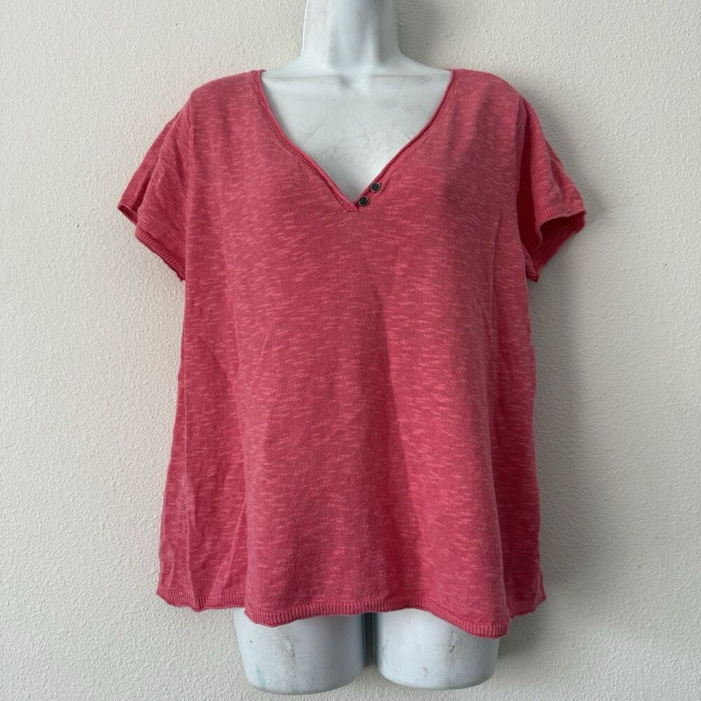 Eileen Fisher Pink Slub Knit Henley V-Neck Linen Blend Top Tee Minimalist L